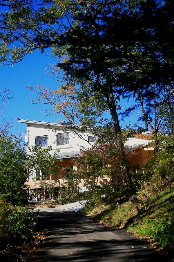 山の上の雑木林と調和する外観。