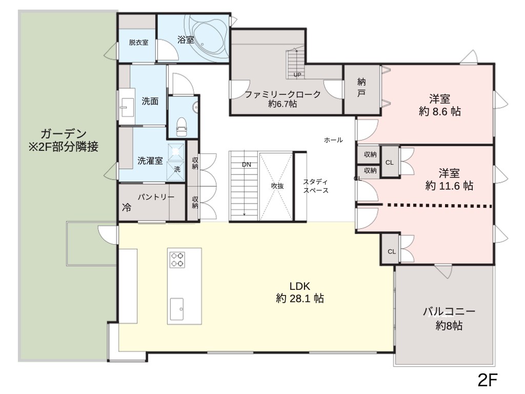 2F床面積/約138m2(42坪)+バルコニー/ 約13m2(4坪)